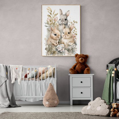 Babyhase mit Blumen Tierwandkunst geschlechtsneutrales Tierkinderzimmer Hase Druck Blumen Babyhase Porträt Papierposterdrucke