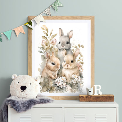Baby bunny with flowers animal wall art gender neutral animal nursery bunny printing flowers baby bunny portrait Paper Poster Prints