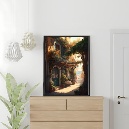 Mediterranean Paper Poster Prints Vintage Oil Painting & Digital Wall Art of Tuscany European Cafe & Old City Prints, Blooming Flowers, Italy Painting