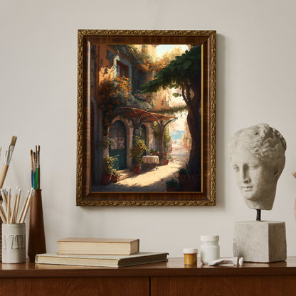 Mediterranean Paper Poster Prints Vintage Oil Painting & Digital Wall Art of Tuscany European Cafe & Old City Prints, Blooming Flowers, Italy Painting