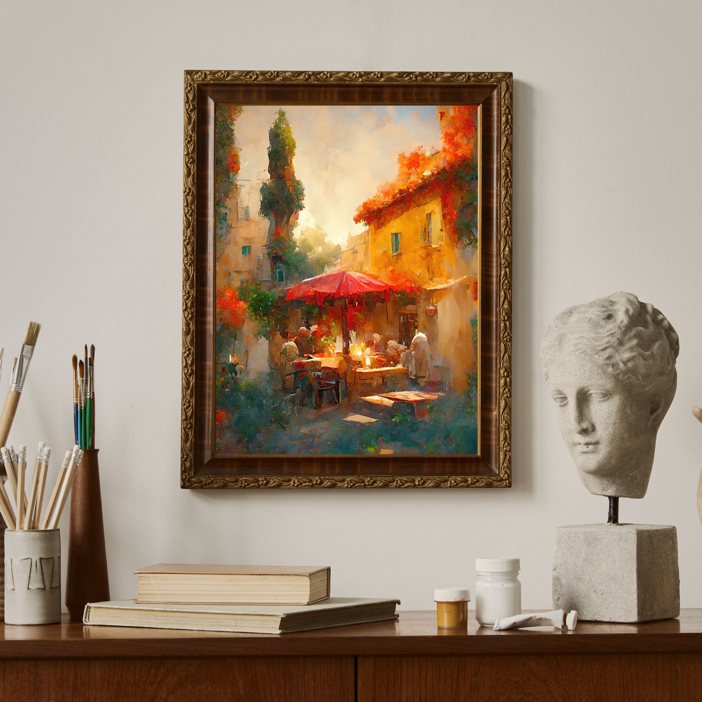 Mediterrane Papierplakatdrucke, Vintage-Ölgemälde und Wandkunst der Toskana, europäische Café- und Altstadtdrucke, blühende Blumen, italienische Malerei