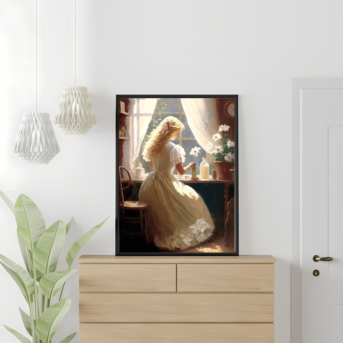 Antique Portrait Woman Working Paper Poster Prints Vintage Oil Painting & Wall Art of victorian Woman working in front of a window, Vintage Wall Art