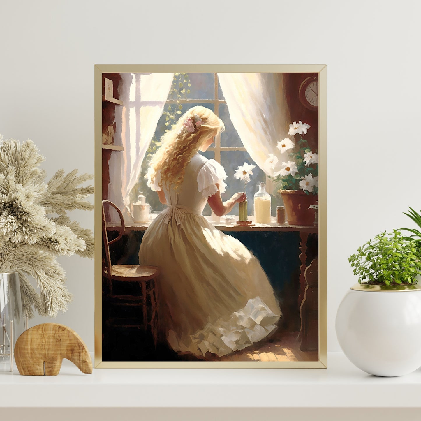 Antikes Porträt einer arbeitenden Frau, Papierposter, Drucke, Vintage-Ölgemälde und Wandkunst einer viktorianischen Frau, die vor einem Fenster arbeitet, Vintage-Wandkunst