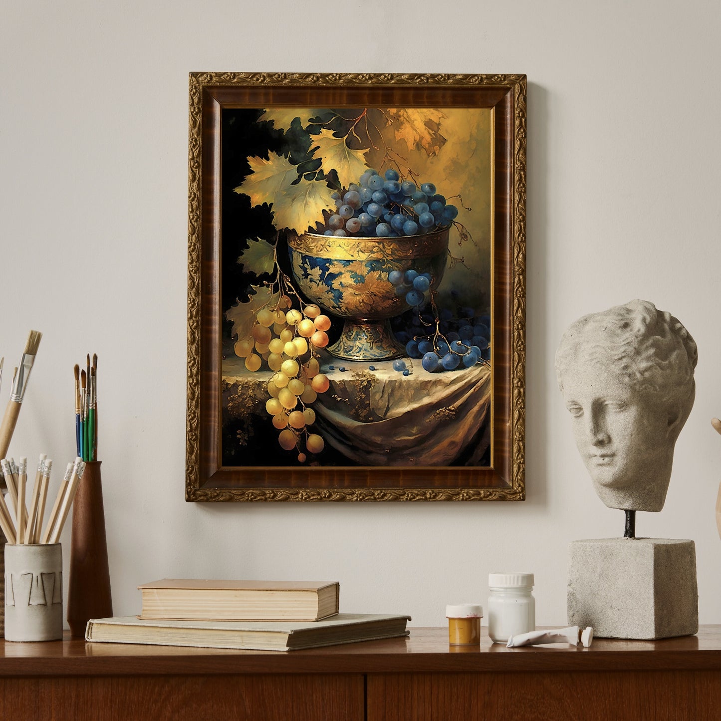 Still Life Painting Grapes Paper Poster Prints Vintage Oil Painting & Wall Art of goblet full with grapes, Antique Painting, moody, Vintage Wall Art