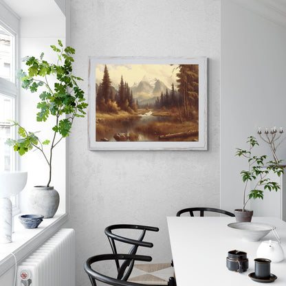 Herbstlandschaftsmalerei, Papierposter, Drucke, Vintage-Ölgemälde und Wandkunst eines Flusses zwischen herbstlichen Wäldern, impressionistische Kunst