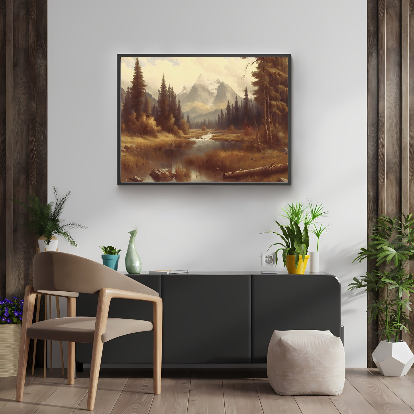 Herbstlandschaftsmalerei, Papierposter, Drucke, Vintage-Ölgemälde und Wandkunst eines Flusses zwischen herbstlichen Wäldern, impressionistische Kunst
