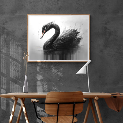 Black Swan Painting Paper Poster Prints Vintage Oil Painting Style & Wall Art of a black swan in black an white
