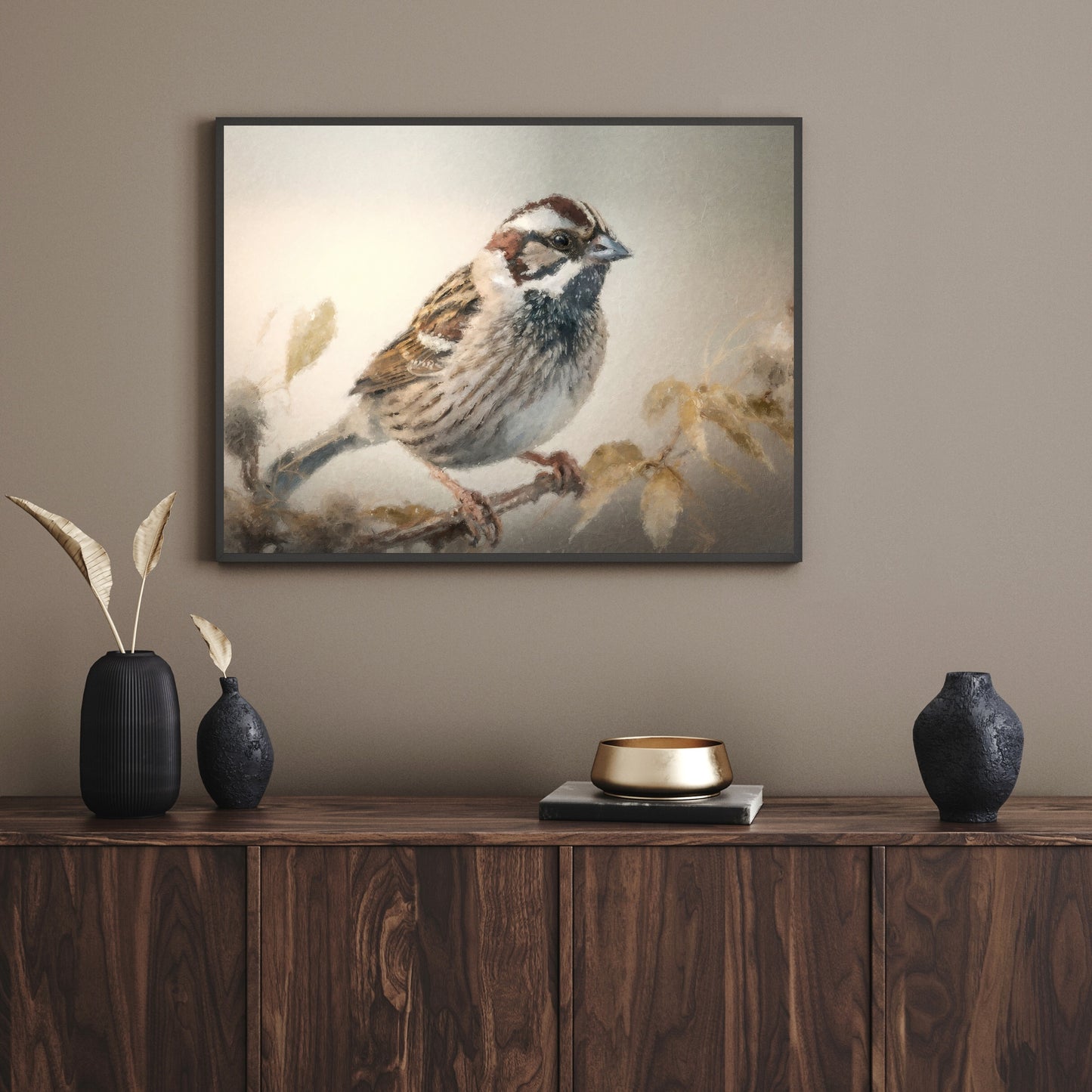 Vintage-Vogel-Malerei-Papier-Posterdrucke, Vintage-Ölgemälde-Stil und Wandkunst eines Spatzen, der auf einem Zweig sitzt, Vogelbeobachtungsdruck