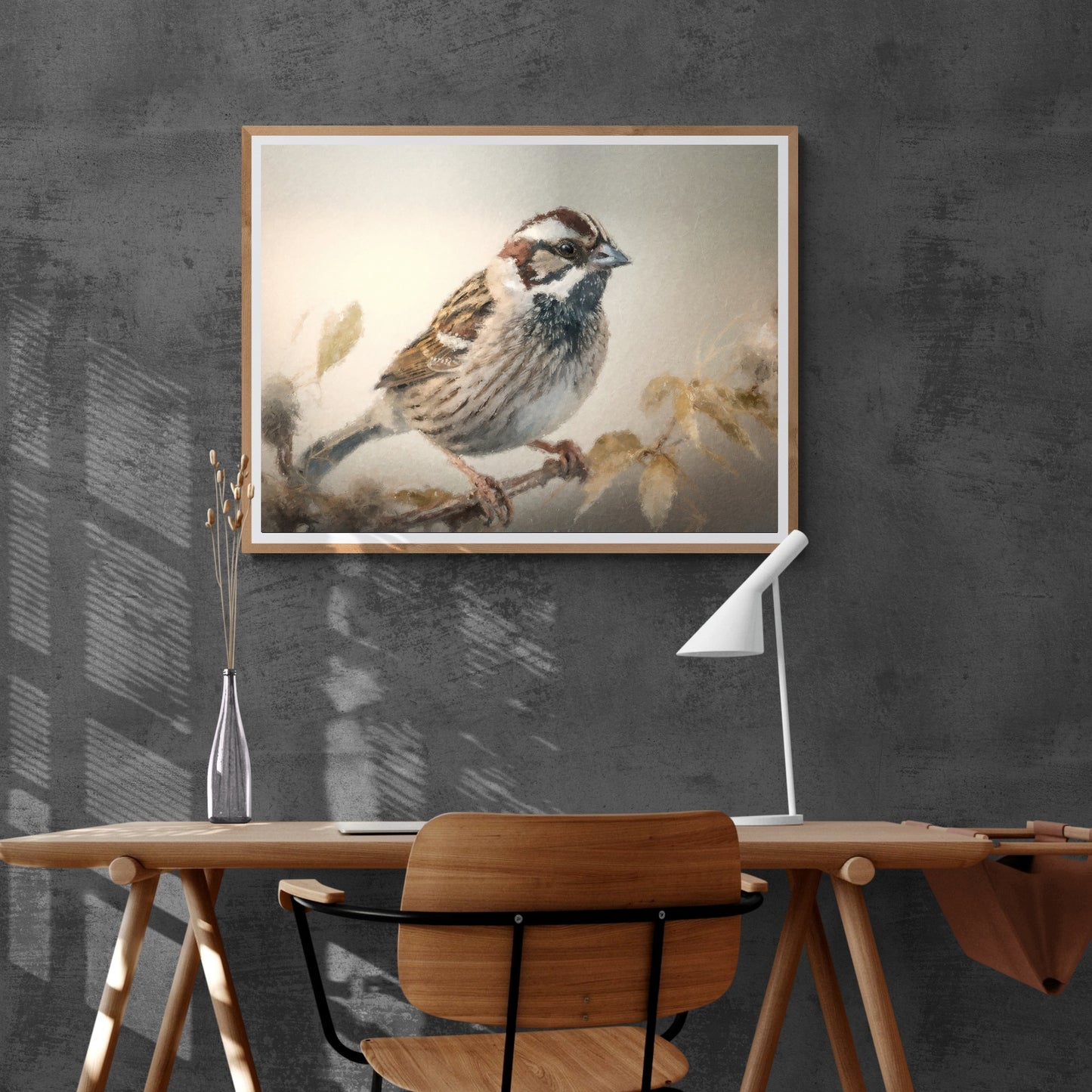Vintage-Vogel-Malerei-Papier-Posterdrucke, Vintage-Ölgemälde-Stil und Wandkunst eines Spatzen, der auf einem Zweig sitzt, Vogelbeobachtungsdruck