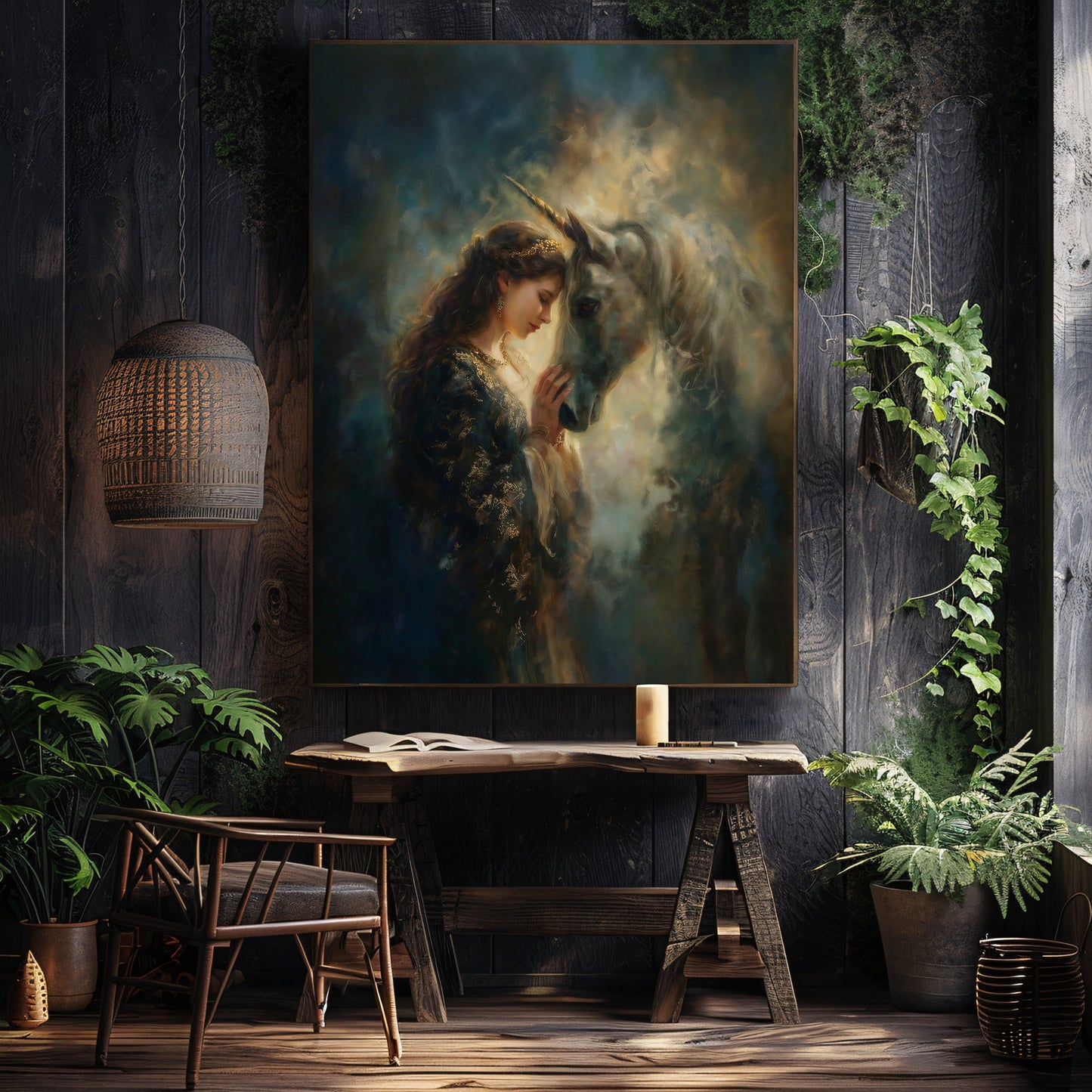 Eve with Celestial Unicorn Canvas Print – Glowing Mythic Fantasy Artwork for Enchanted Fairycore Spaces