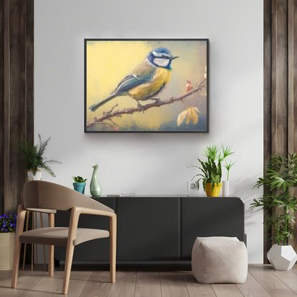 Vintage Bird Paper Poster Prints Painting Vintage Oil Painting Style & Wall Art of a Bluetit sitting on a twig, birding print