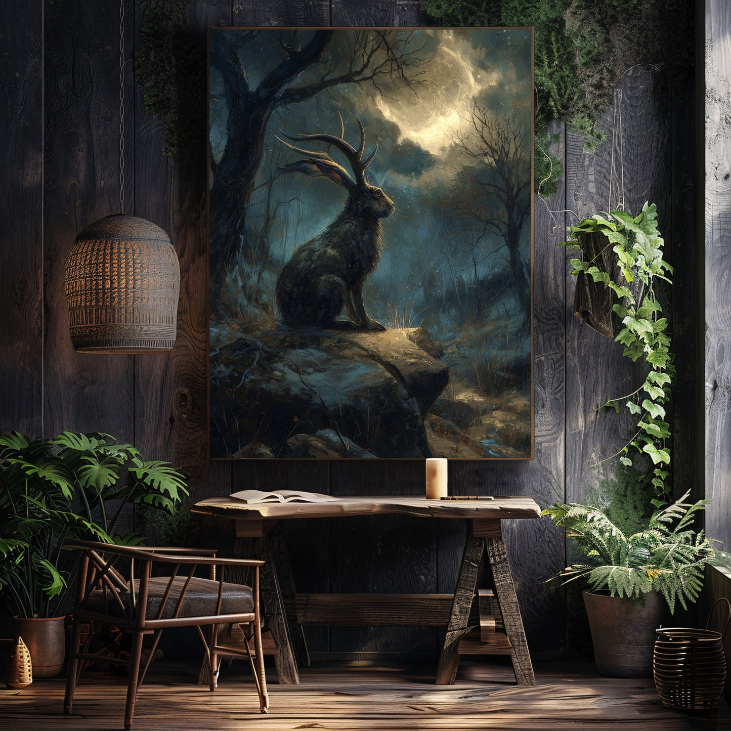 Moonlit Jackalope Wall Art Print – Mystical American Folklore Cryptid Gothic Fantasy Decor