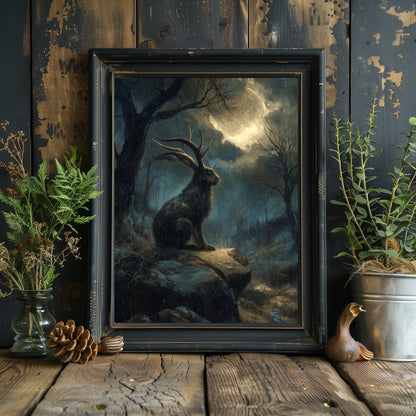 Moonlit Jackalope Wall Art Print – Mystical American Folklore Cryptid Gothic Fantasy Decor