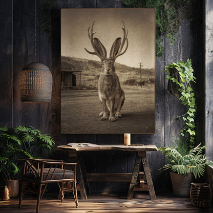 Vintage Jackalope Wall Art Print | American Folklore Cryptid Artwork | Old West Rustic Cabin Fantasy Decor