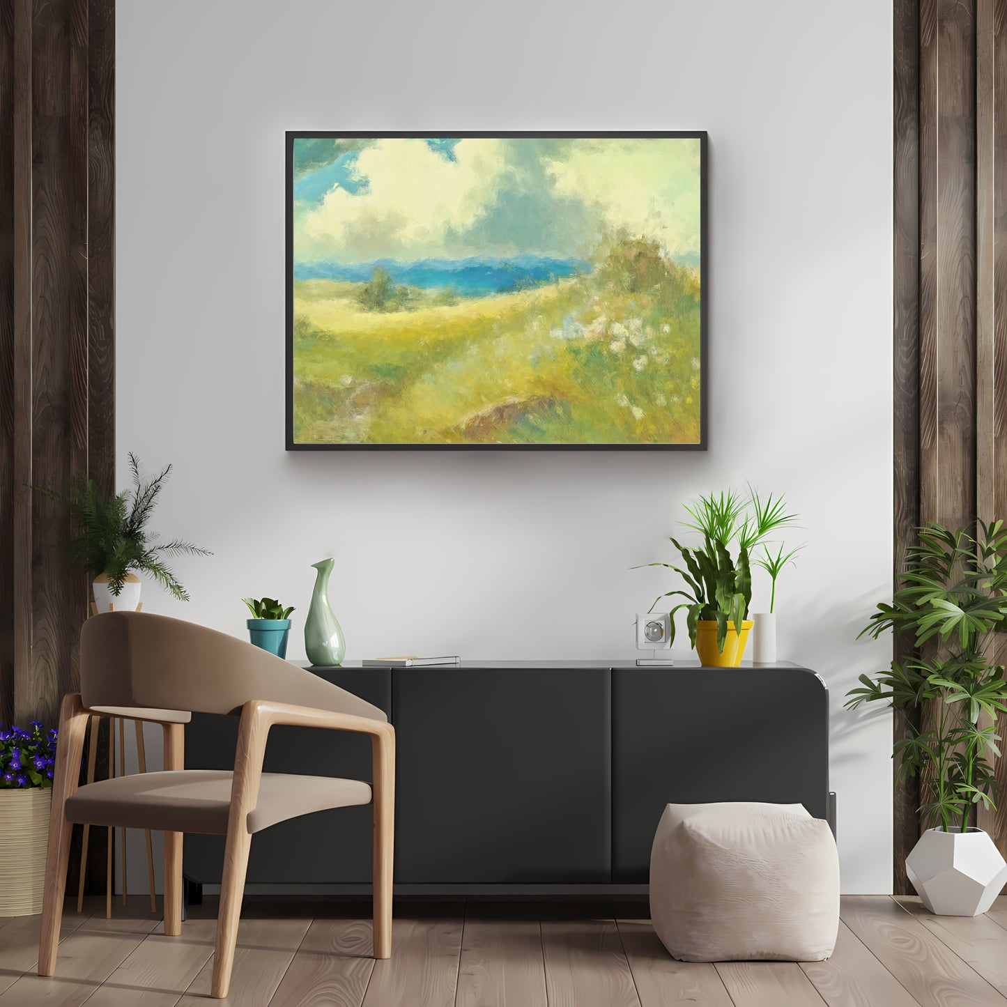 Green Wildflower Meadow Paper Poster Prints Wall Art Abstract Oil Painting with Majestic Mountains and Vivid Colors Nature-Inspired Home Decor