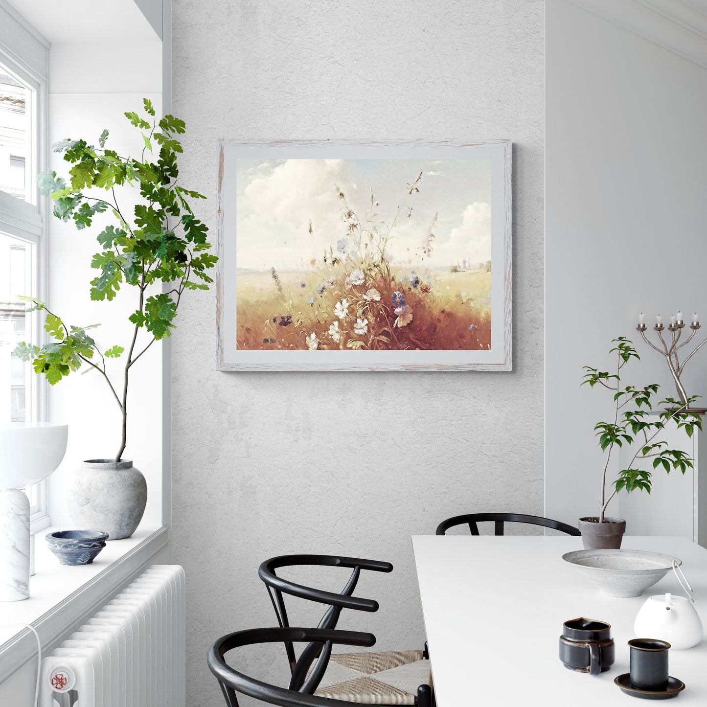 Wildblumenwiese, Papierposter, Drucke, Wandkunst, Vintage-Ölgemälde in neutralen Tönen, blühende Blumen für die Inneneinrichtung