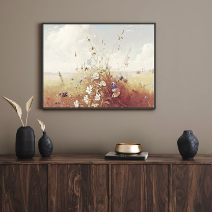 Wildflower Meadow Paper Poster Prints Wall Art Vintage Oil Painting in Neutral Tones blooming flowers for Home Decor