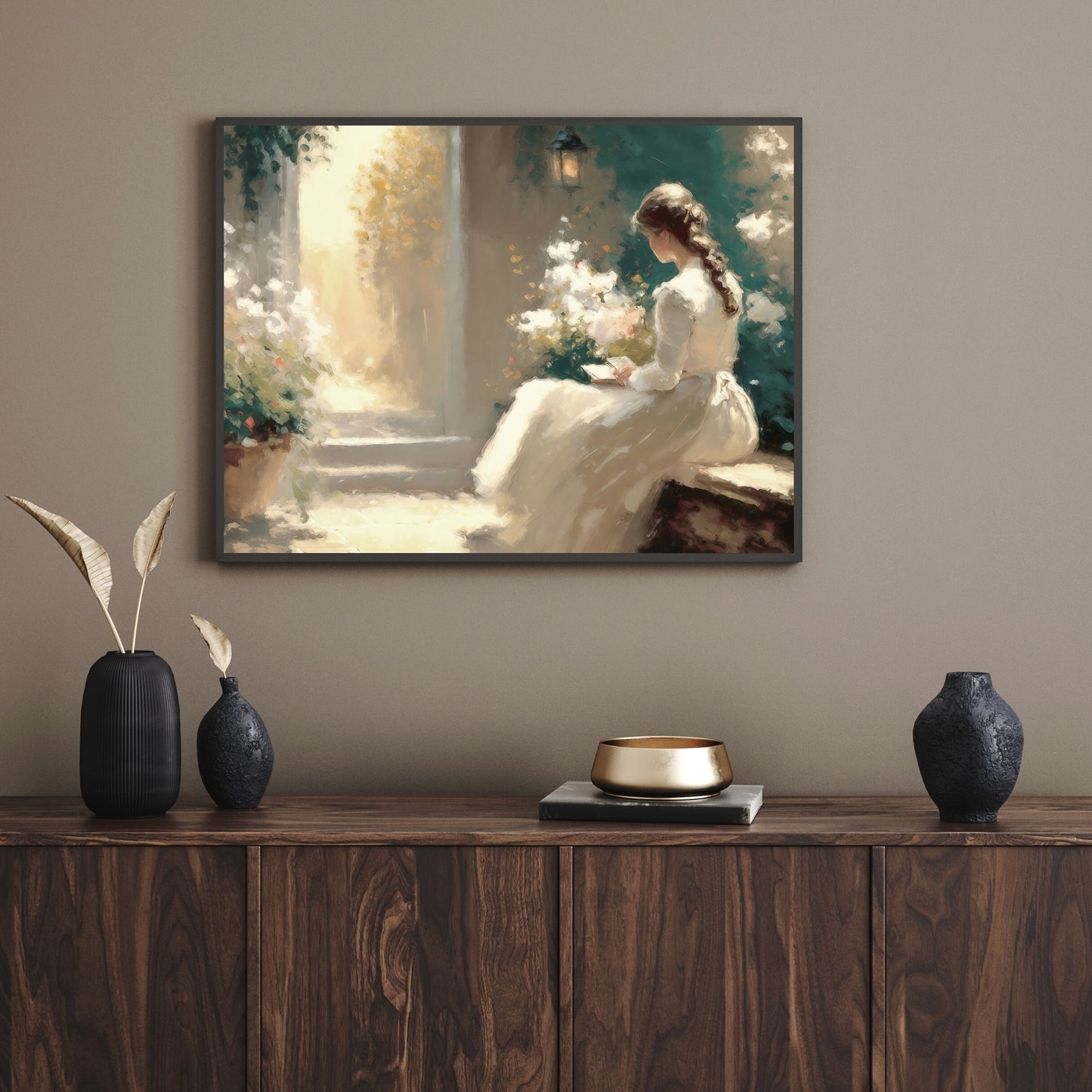 Woman Reading Paper Poster Prints Vintage Oil Painting of Woman in White Dress Amid Flowers Wall Art for Home Decor