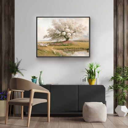 Cherry Blossom Tree in Wildflower Meadow Paper Poster Prints Vintage Style Wall Art with Sheep Herd and Soft Pastel Colors Nature Home Decor