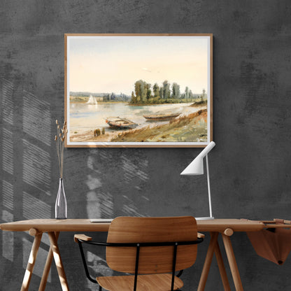 Tranquil Lake LandscapePaper Poster Prints Vintage Wall Art, Oil Painting, Two Boats on Riverbank, Sailboat, Impressionistic, Soft Pale Colors