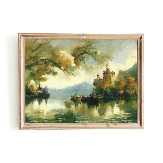 Schloss am See mit Herbstfarben, Papierposter, Drucke, Vintage-Ölgemälde, Wandkunst, Heimdekoration, impressionistische Kunst, Seelandschaftsmalerei