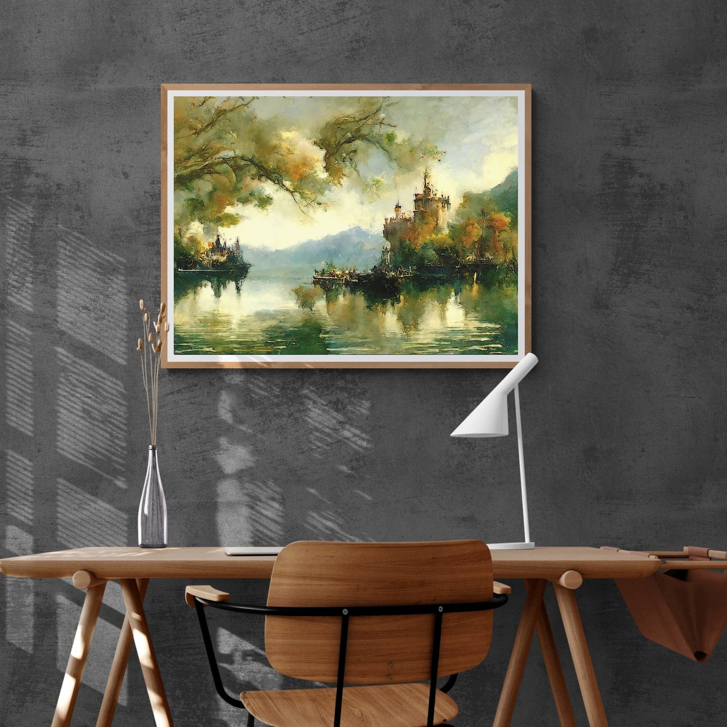 Castle by the Lake with Autumn Colors Paper Poster Prints Vintage Oil Painting Wall Art, Home Decor, Impressionistic Art, Lake Landscape Painting