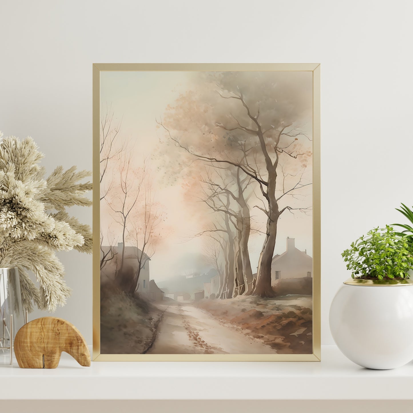 French Countryside Watercolor Painting Paper Poster Prints Autumn Alley to Quaint Village with High Trees, Neutral Soft Colors, Rustic Home Decor Art muted