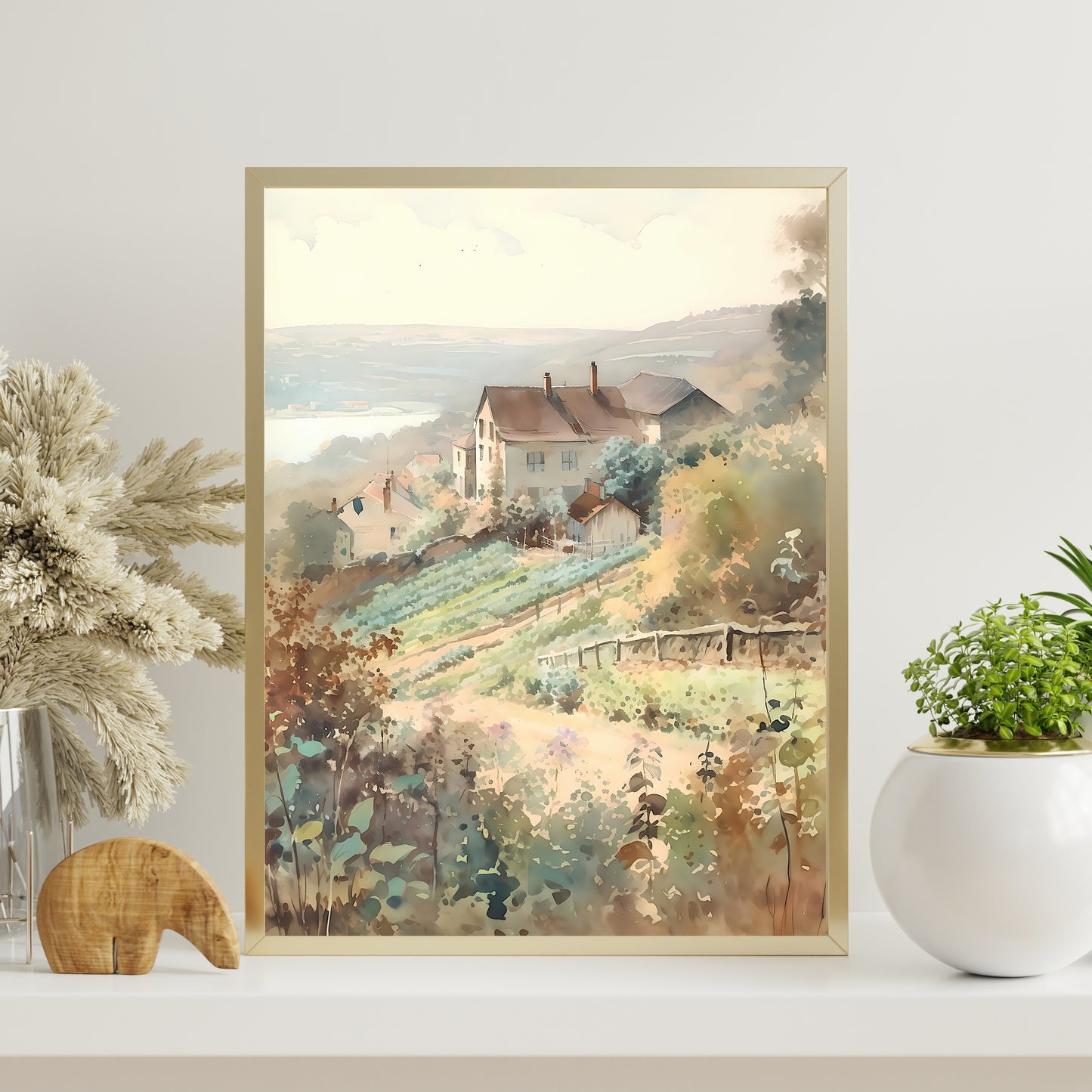 French Vineyard Farmhouse Watercolor Painting Paper Poster Prints Lake Hill, Neutral Colors, Rustic Home Decor Art, Countryside Wall Art