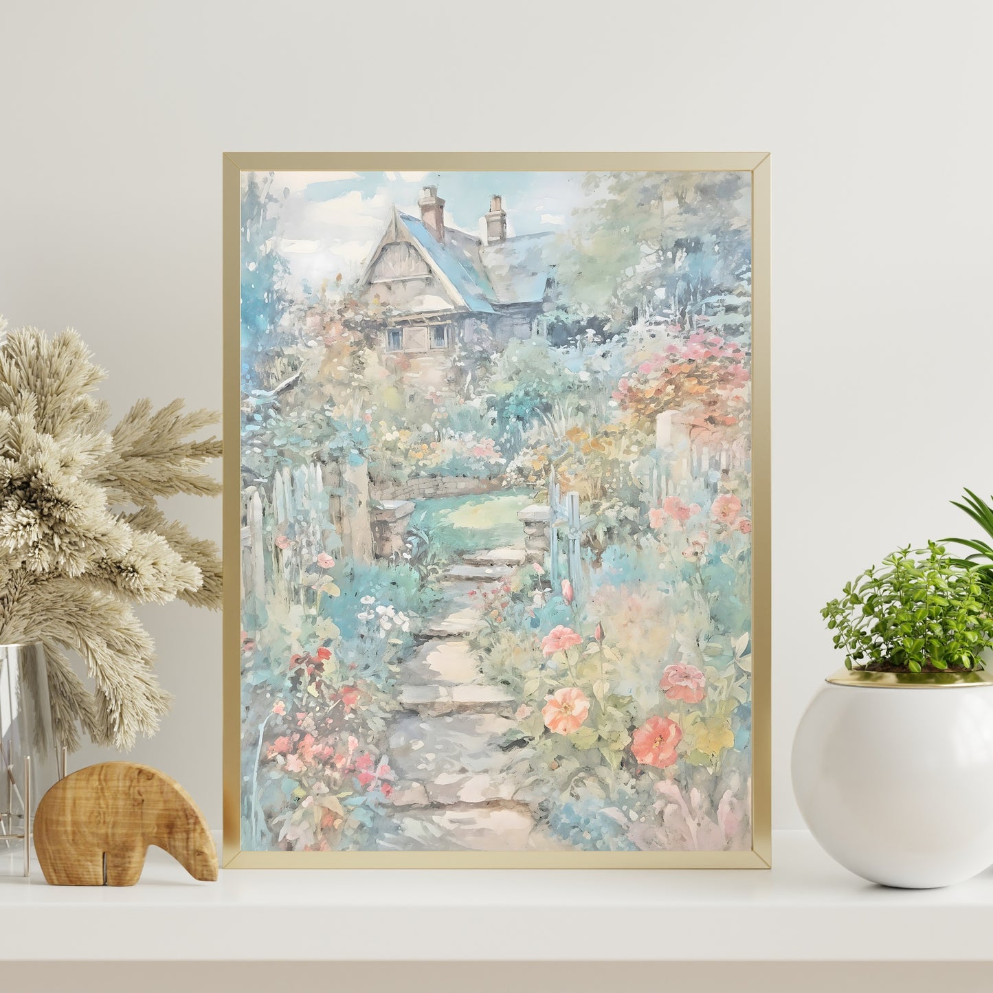 French Countryside Watercolor Painting Paper Poster Prints Hidden Cottage Among Blooming Flowers in Soft Pale Hues, Serene and Tranquil Artwork for Home Decor