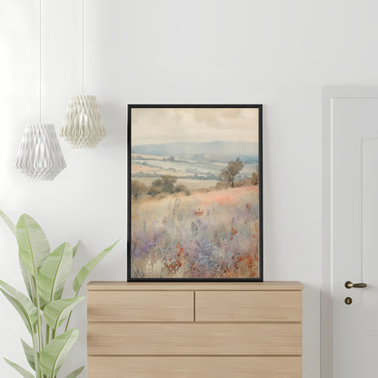 Französische Lavendel-Wildblumenwiese, Aquarellmalerei, Papierposter, Drucke, französisches Tal, sanfte Hügel, sanfte Pastellfarben, rustikale Heimdekor-Kunst, gedämpft