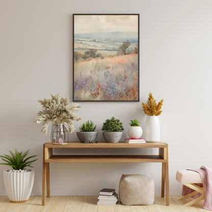 French Lavender Wildflower Meadow Watercolor Painting Paper Poster Prints French Valley, Rolling Hills, Soft Pastel Colors, Rustic Home Decor Art, muted