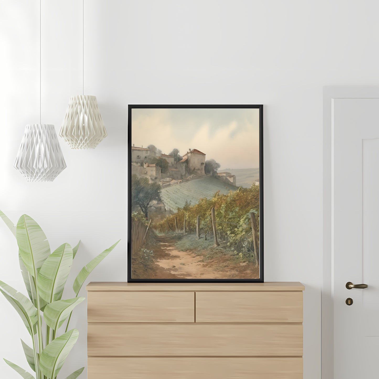 French Vineyard Watercolor Painting Paper Poster Prints Path Through Lush Countryside with Small Village in the Distance, Soft Pale Colors for Home Decor