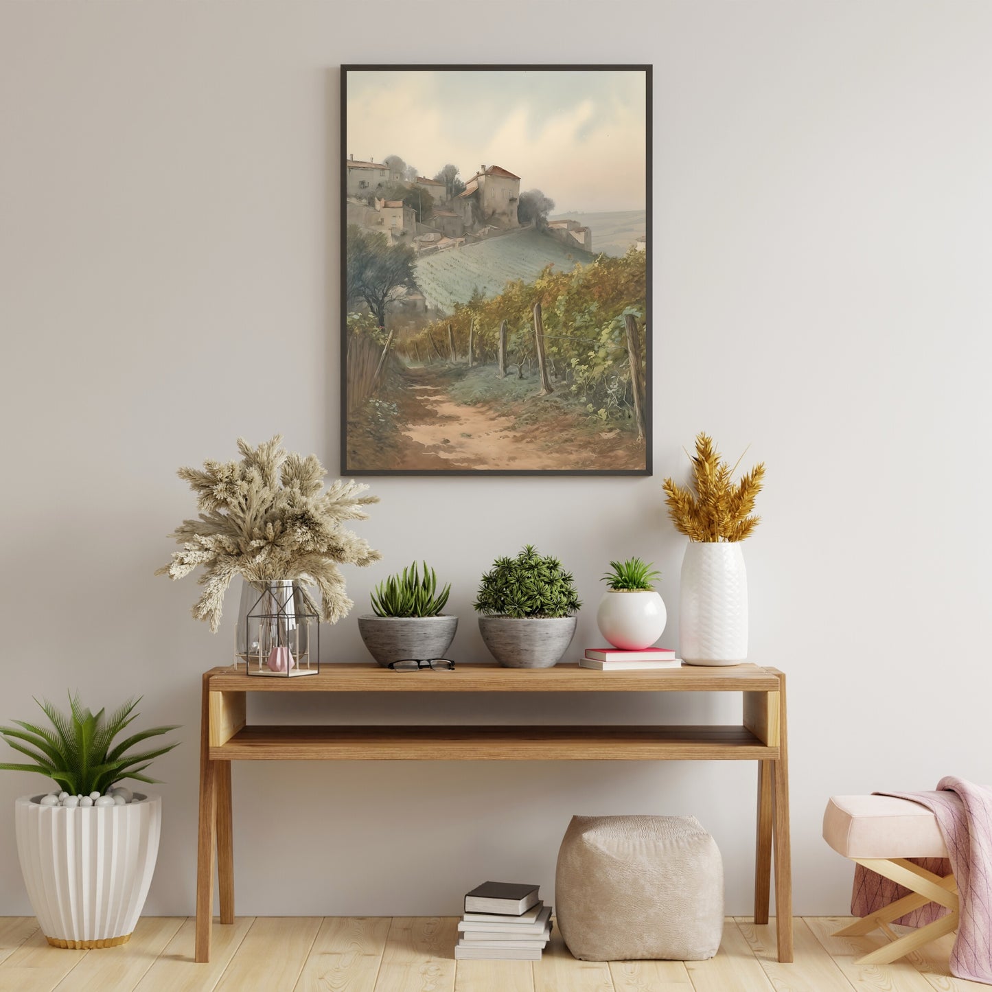 French Vineyard Watercolor Painting Paper Poster Prints Path Through Lush Countryside with Small Village in the Distance, Soft Pale Colors for Home Decor