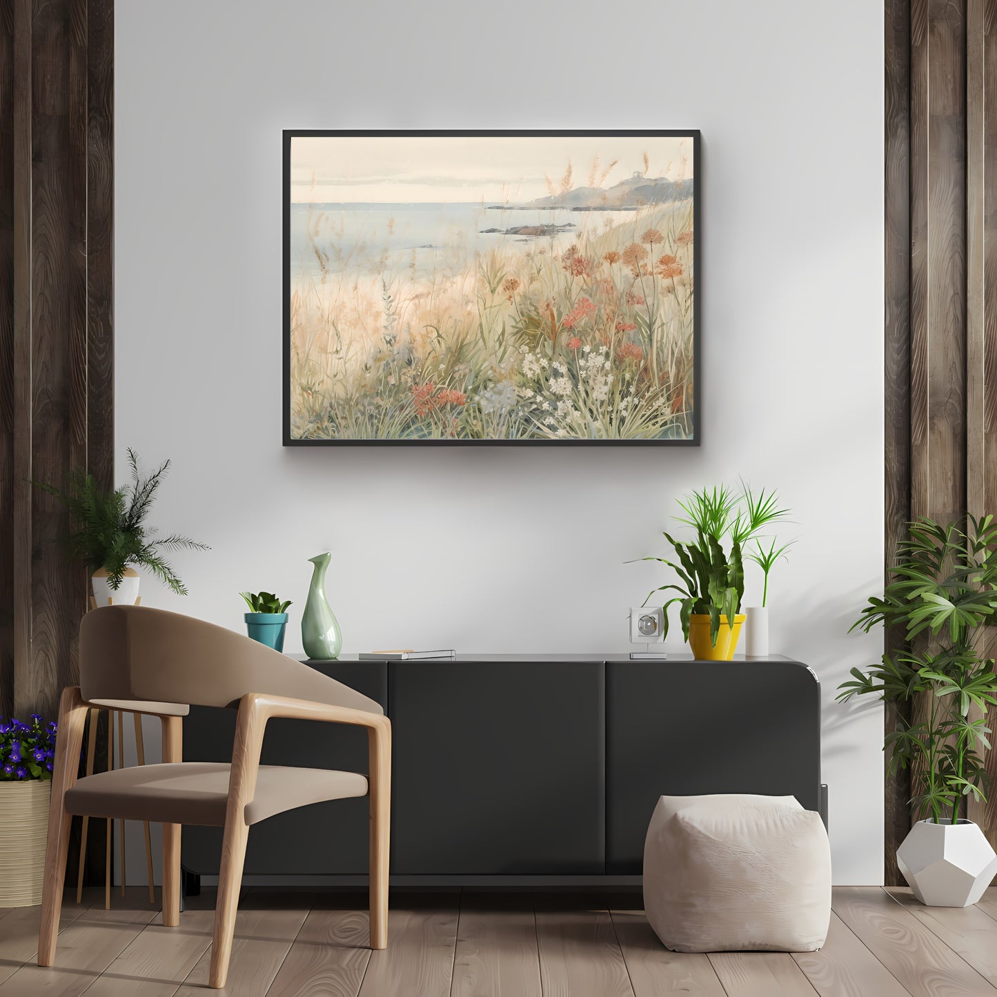 French Coastal Wildflower Meadow Watercolor Painting Paper Poster Prints Hills, Blooming Flowers, Seaside Village, Rustic Home Decor Art, Pastel Colors