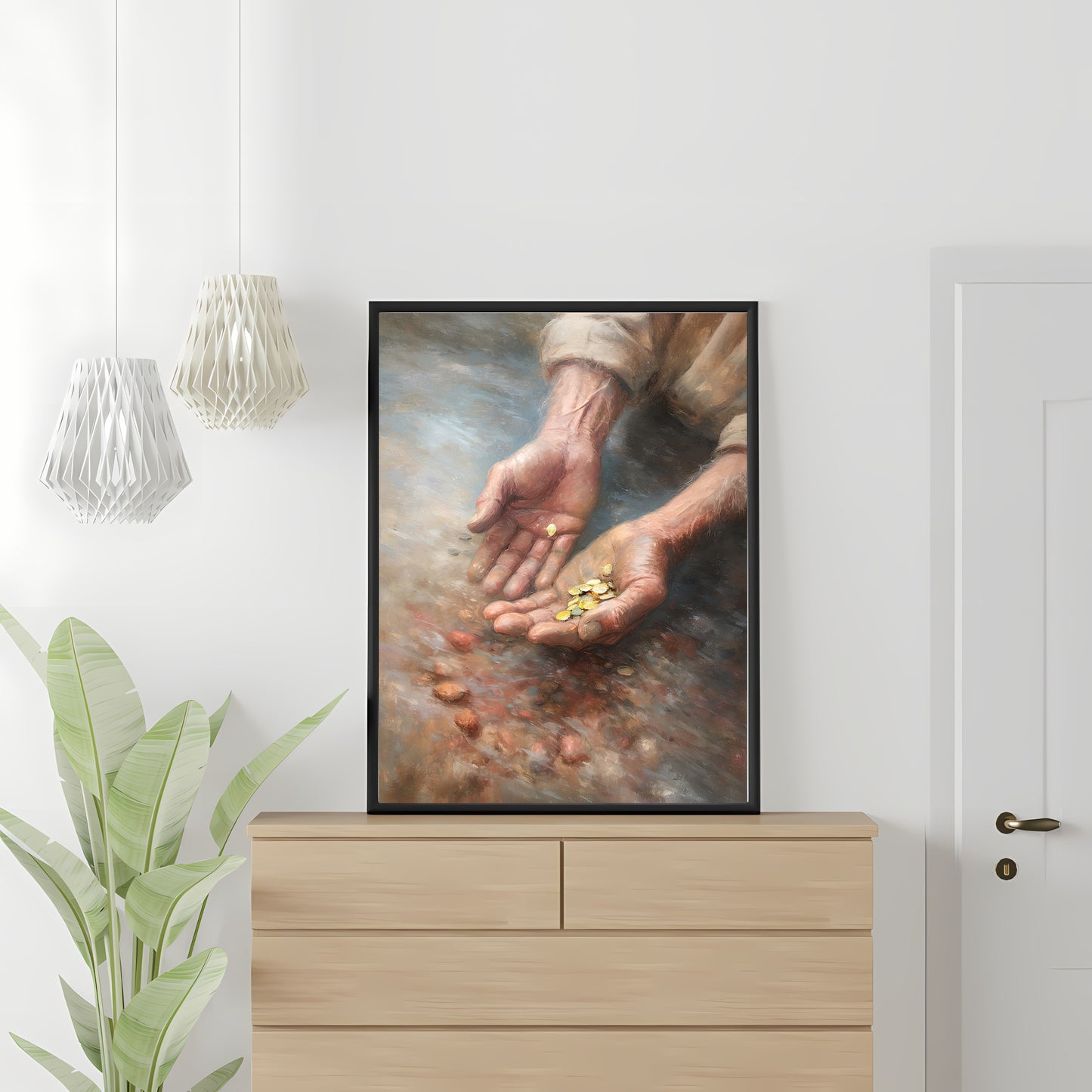 Vintage Gold Rush Paper Poster Prints Wall Art Old Man's Hands Holding Gold Over Dawson City River, Klondike, Pale Soft Colors