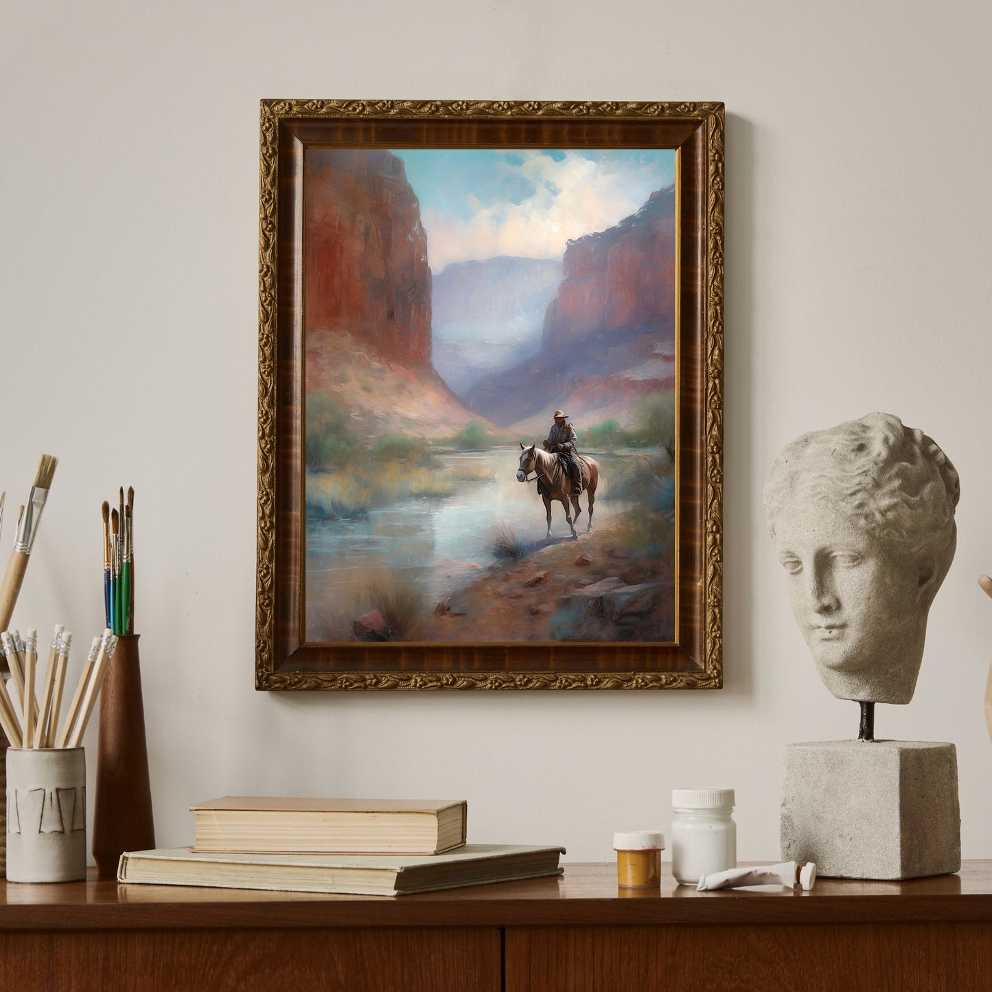Vintage Wild West Paper Poster Prints Wall Art Lone Rider and Horse Crossing Shallow River between Red Canyons, Soft Pale Colors, Cowboy Painting
