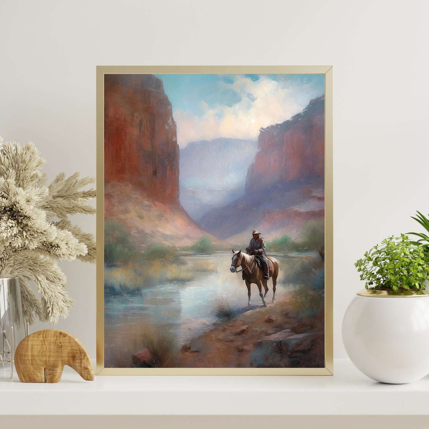 Vintage Wild West Paper Poster Prints Wall Art Lone Rider and Horse Crossing Shallow River between Red Canyons, Soft Pale Colors, Cowboy Painting
