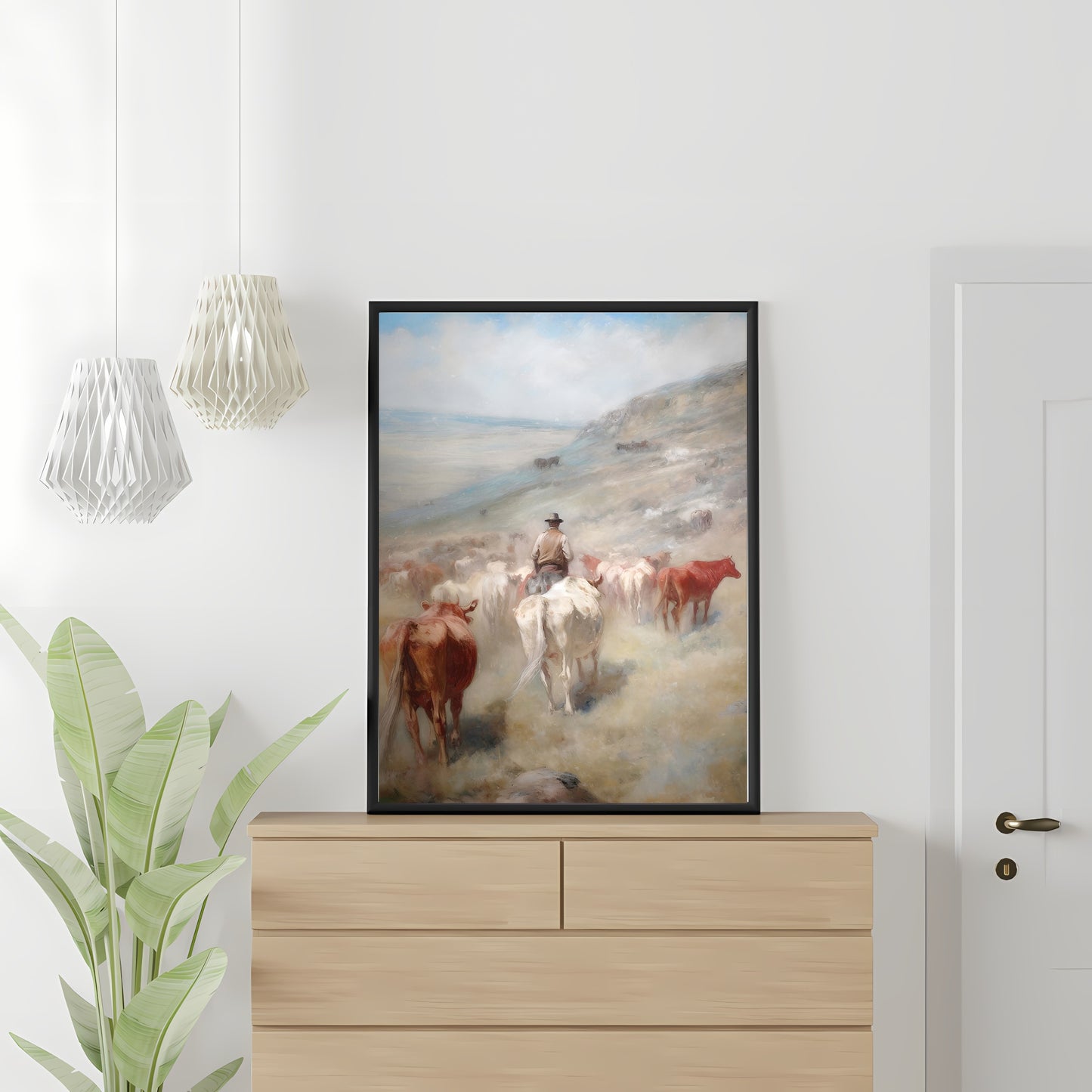 Vintage Wild West Paper Poster Prints Wall Art Cowboy Tending Cattle Herd Down into Valley, Soft Pale Colors, Wild West Art
