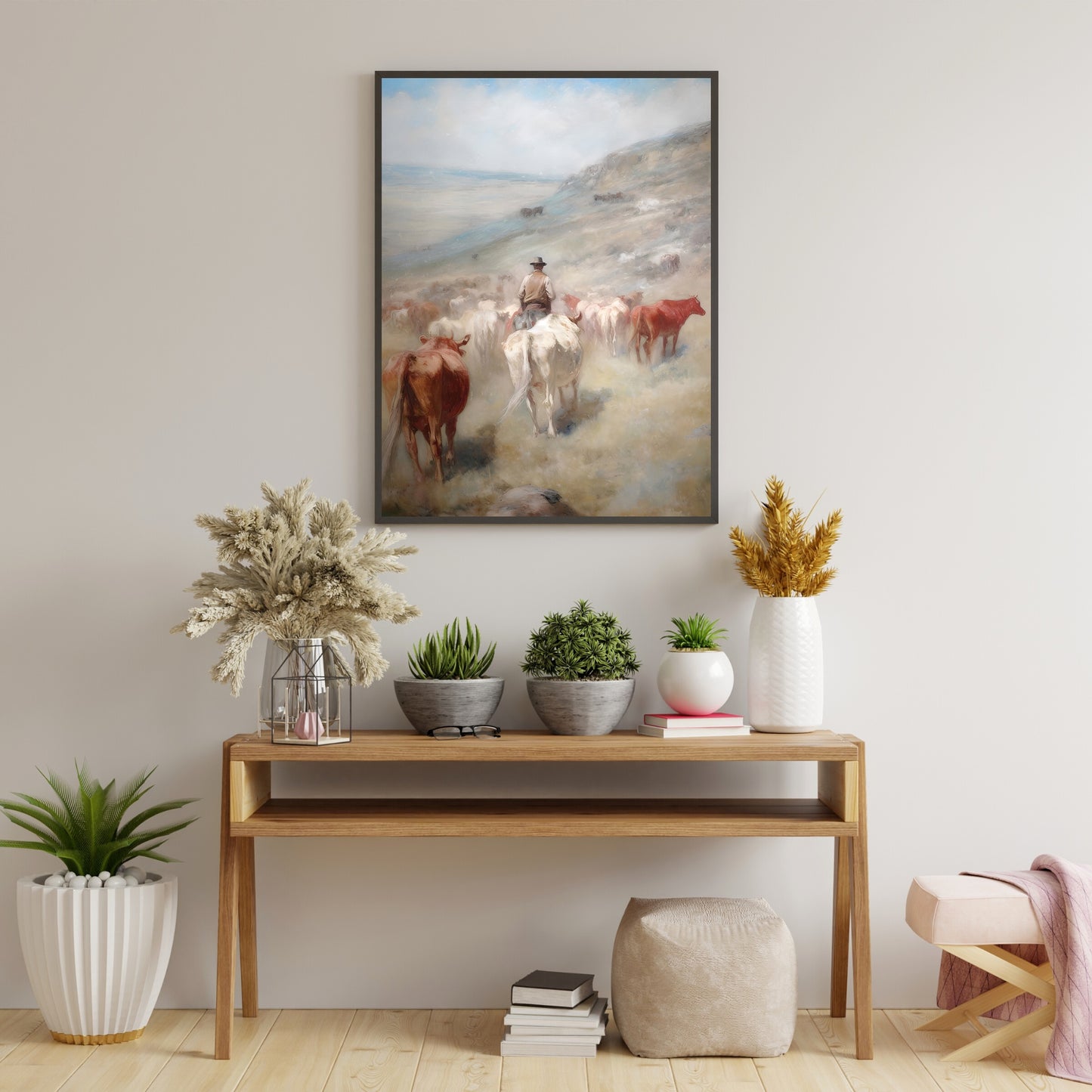 Vintage Wild West Paper Poster Prints Wall Art Cowboy Tending Cattle Herd Down into Valley, Soft Pale Colors, Wild West Art