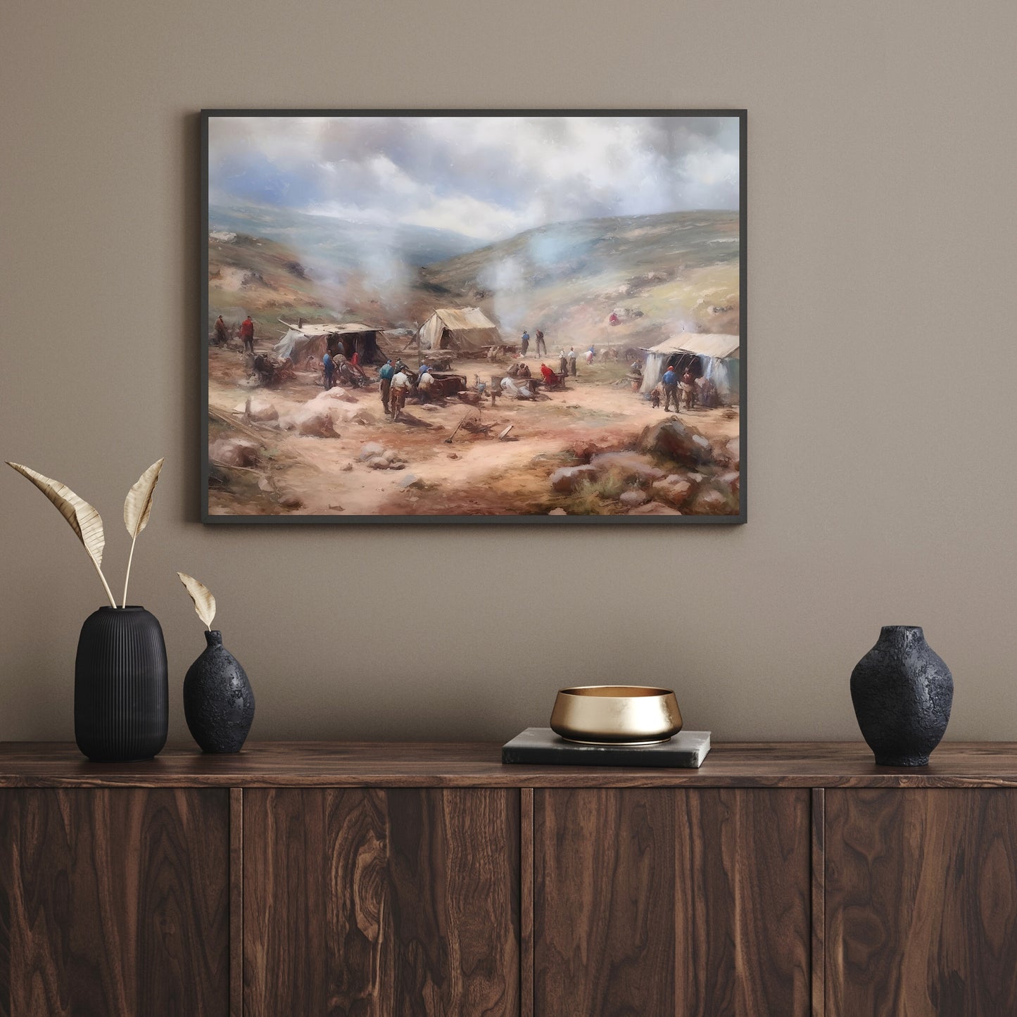 Vintage Wild West Paper Poster Prints Wall Art Small Settler Camp in the Frontier, Pioneer days, Soft Pale Colors, Wild West Art