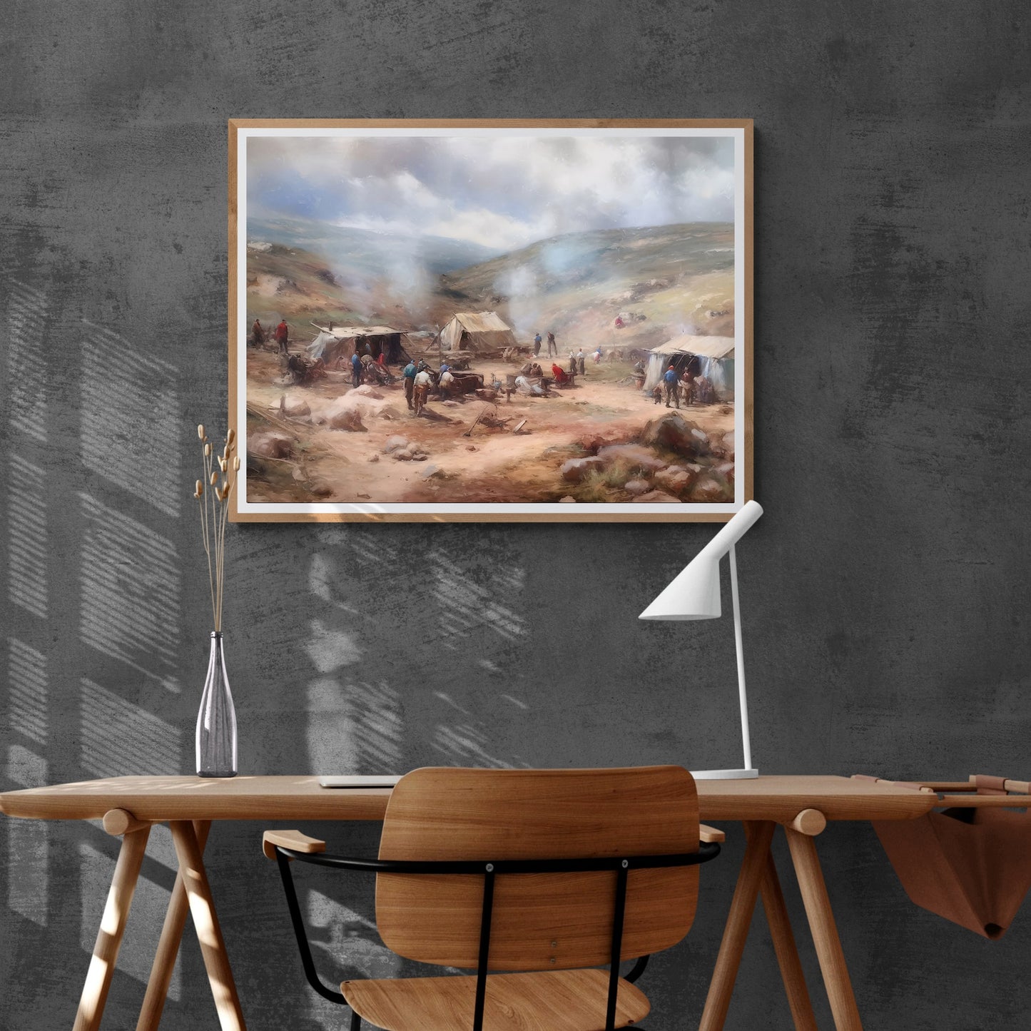 Vintage Wild West Paper Poster Prints Wall Art Small Settler Camp in the Frontier, Pioneer days, Soft Pale Colors, Wild West Art