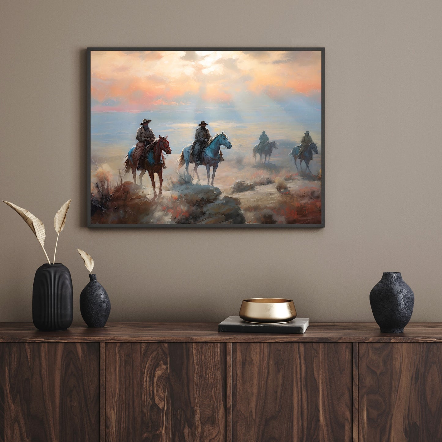 Vintage Wild West Paper Poster Prints Wall Art Four Outlaws Riding Horses in Californian Desert Sunset, Soft Pale Colors, Wild West Art, Cowboys