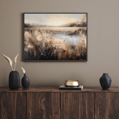 Pond and Reed Landscape Paper Poster Prints Wall Art, Impressionistic Abstract Oil Painting, Earth Tones, Digital Download, Home Decor, Meadow Print