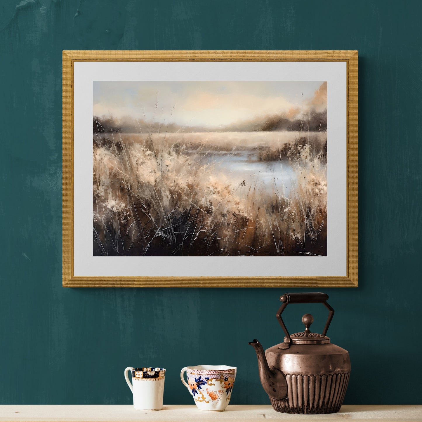 Pond and Reed Landscape Paper Poster Prints Wall Art, Impressionistic Abstract Oil Painting, Earth Tones, Digital Download, Home Decor, Meadow Print