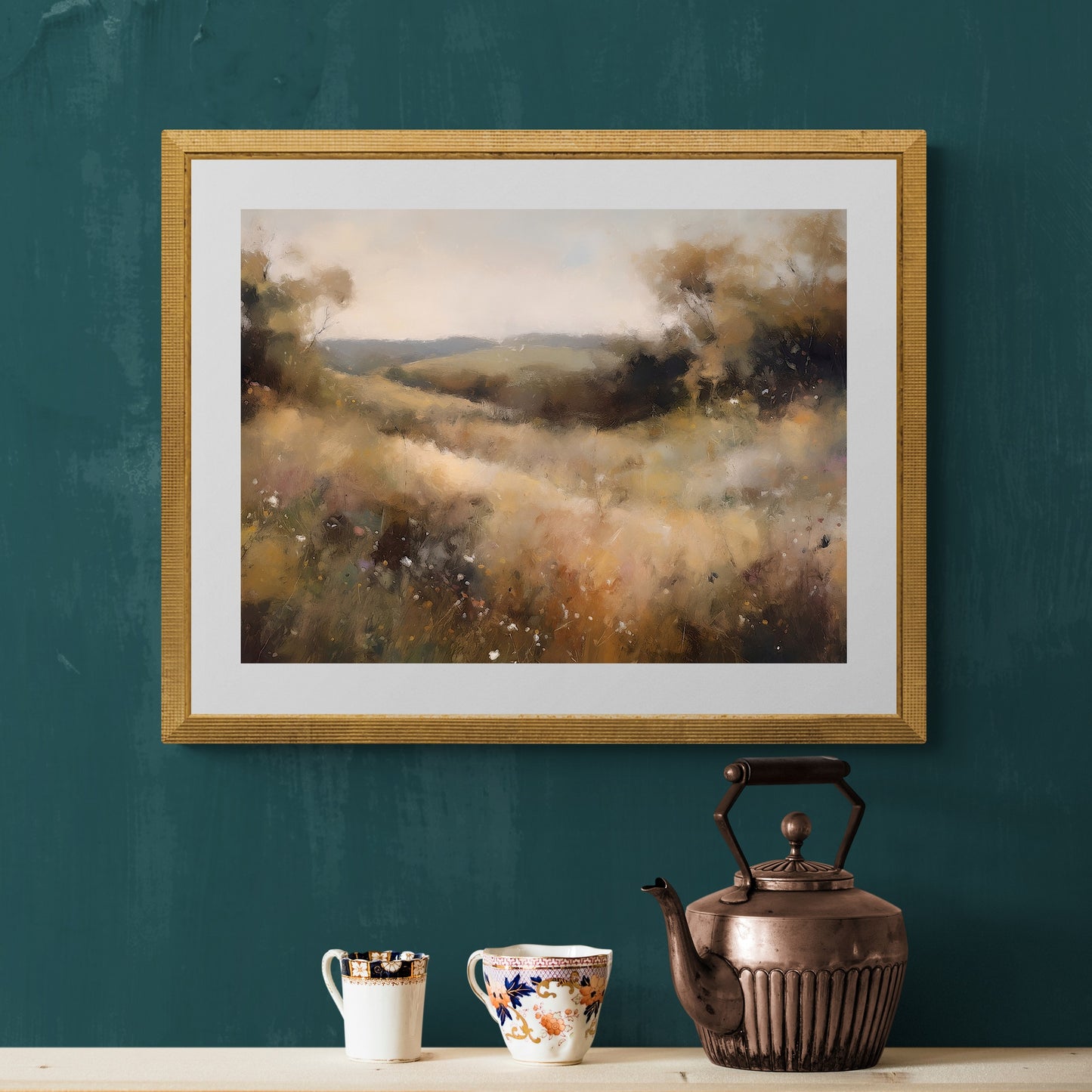 Vintage Wildflower Meadow Oil Painting Paper Poster Prints Wall Art Rural Countryside, Hazy Weather, Earth Tone Colors, Timeless Nature Home Decor
