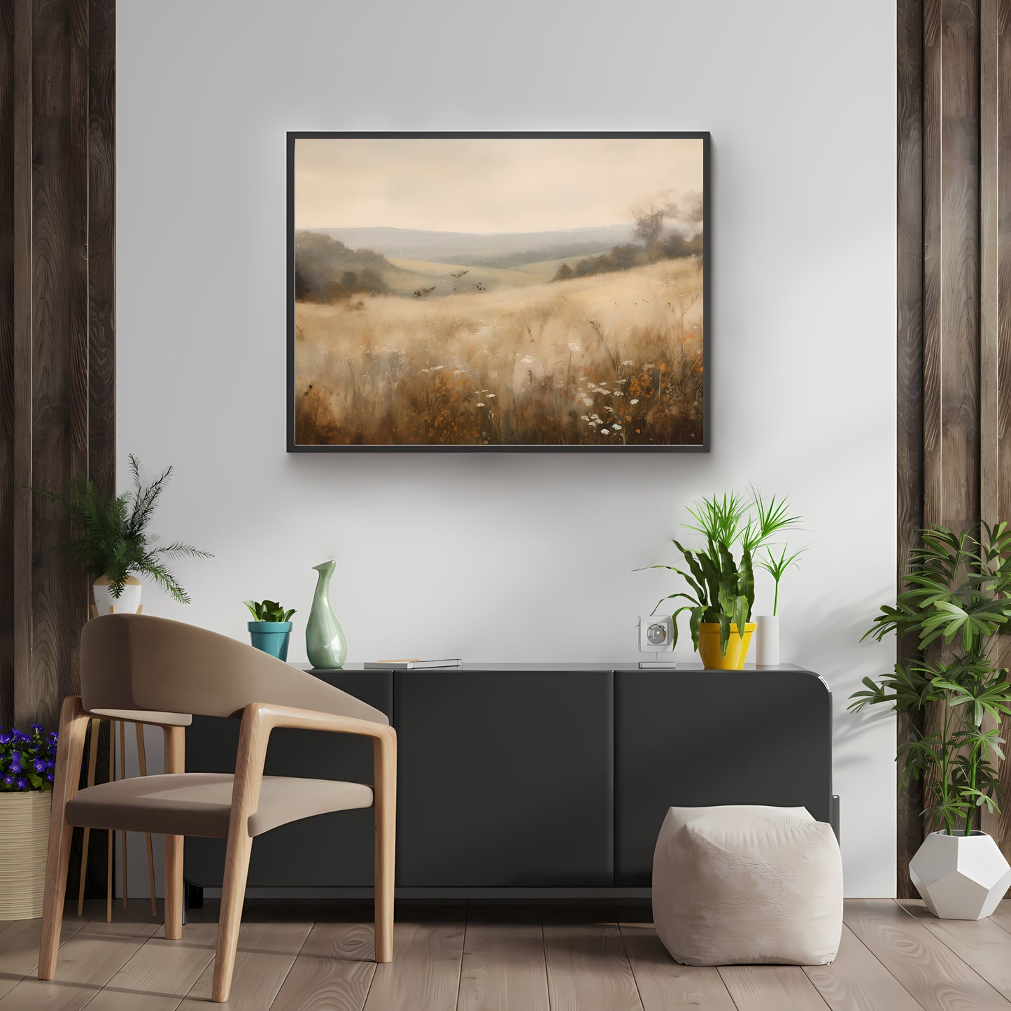 Vintage Wildflower Meadow Oil Painting Paper Poster Prints Wall Art Rural Countryside, Hazy Weather, Earth Tone Colors, Timeless Nature Home Decor