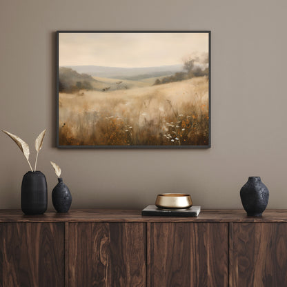 Vintage Wildflower Meadow Oil Painting Paper Poster Prints Wall Art Rural Countryside, Hazy Weather, Earth Tone Colors, Timeless Nature Home Decor