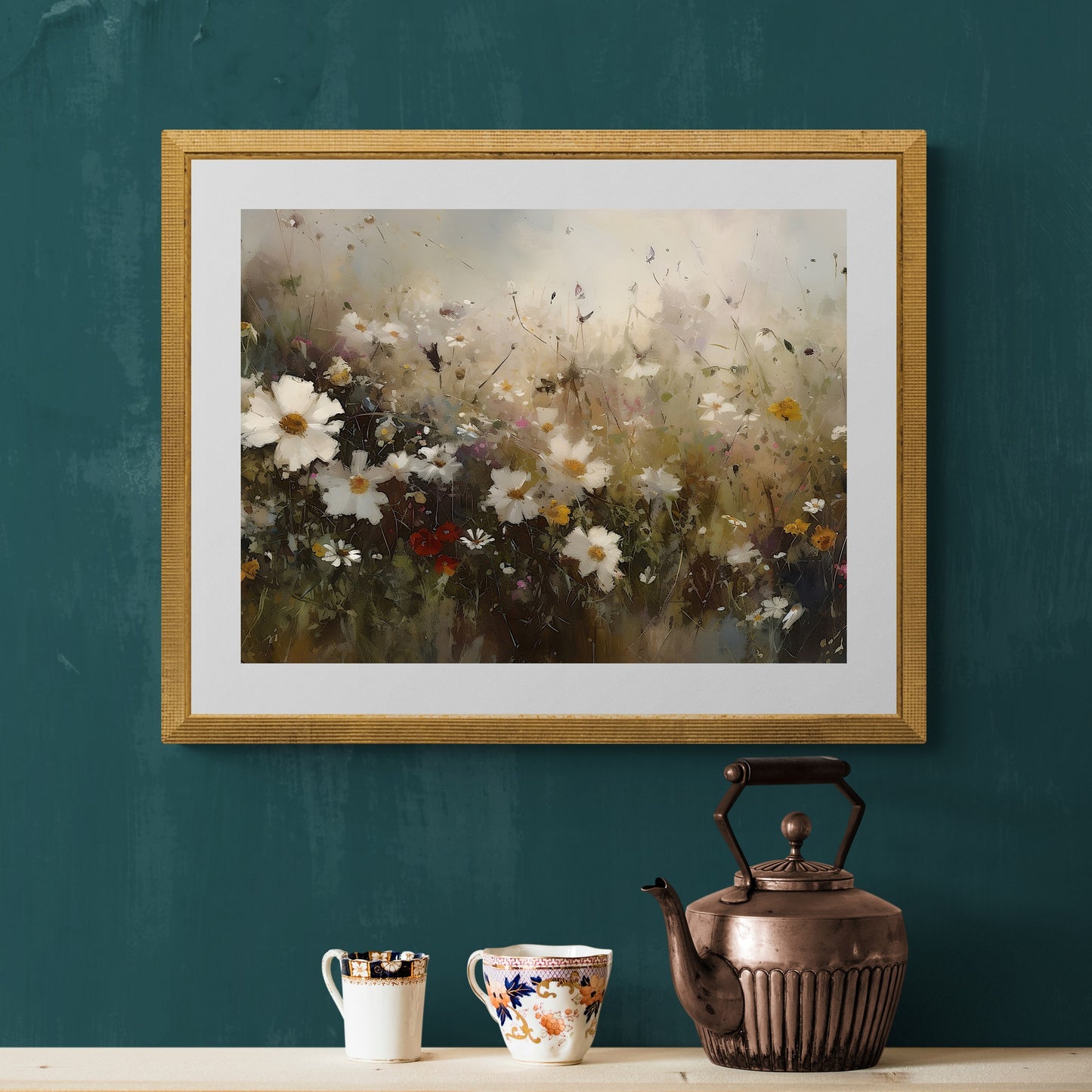 Vivid Wildflower Meadow Art Paper Poster Prints Modern Impressionistic Oil Painting, Bottom View Perspective, Detailed Flower Portrait Wall Decor