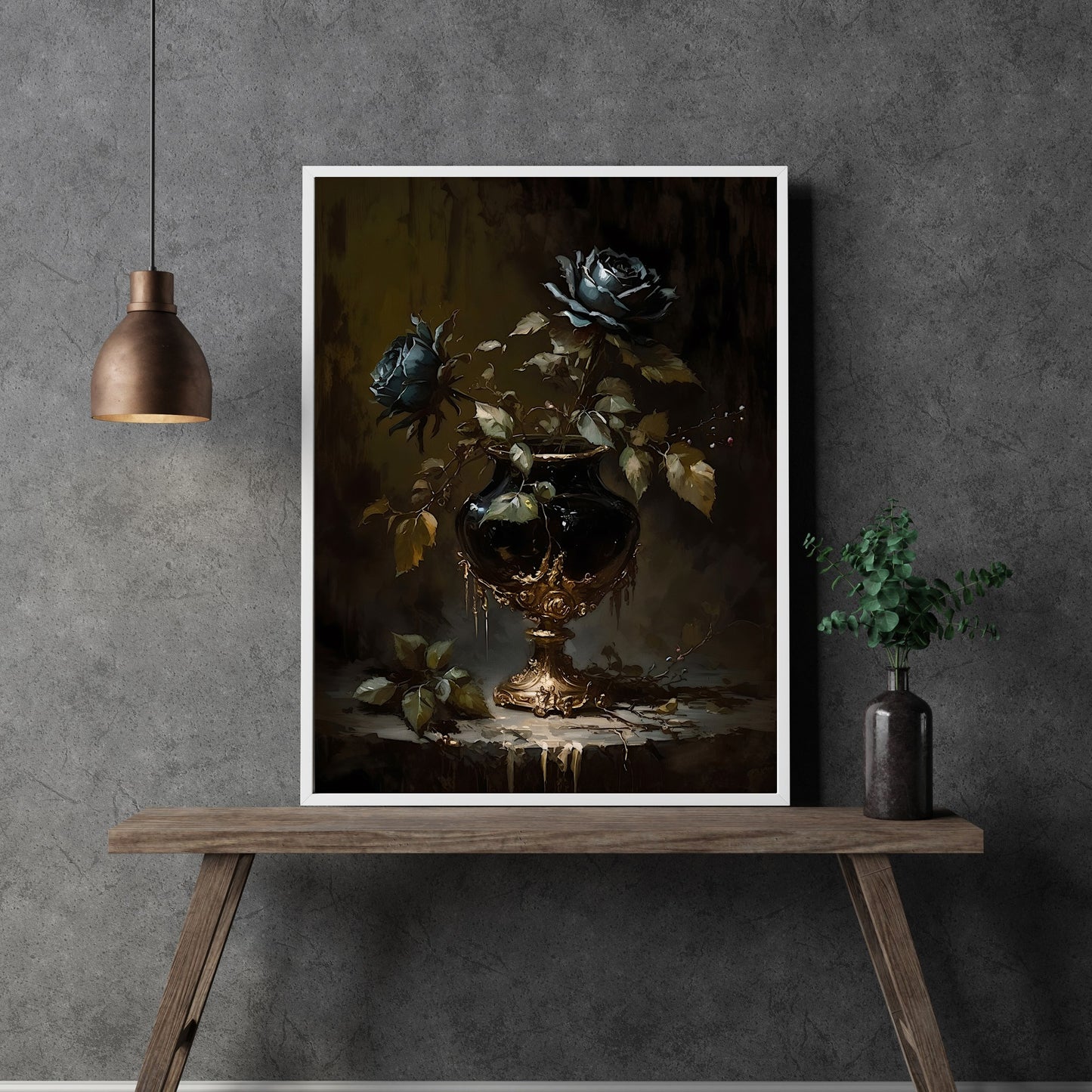 Schwarze Rose im Kelch, Wandkunst, Vintage-Stil, Gemälde, Dark Academia-Druck, gotisches florales, stimmungsvolles botanisches Dekor, dunkles Cottagecore-Papier, Posterdrucke