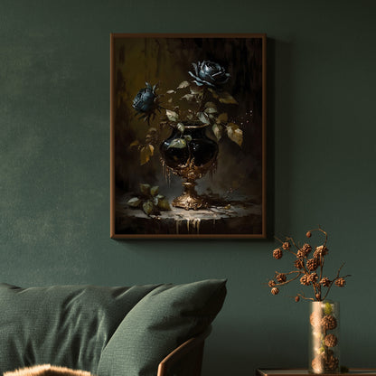 Black Rose in Goblet Gothic Wall Art Vintage Style Painting Dark Academia Print Gothic Floral Moody Botanical Decor Dark Cottagecore Paper Poster Prints